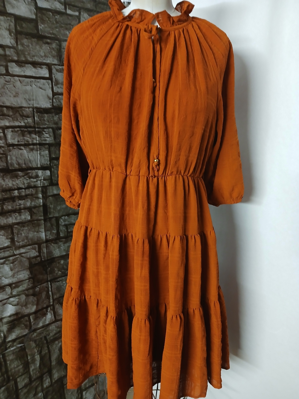 Calvin Klein Burnt Orange Tiered Ruffle Neck Midi Dress